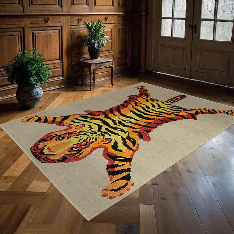Alfombra Nueva de Nudo a Mano con Diseño de Tigre - 168 cm x 230 cm - K0079208