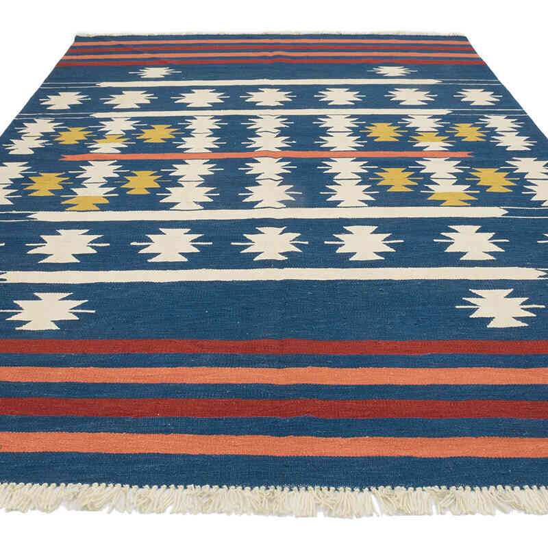 Blue New Handwoven Turkish Kilim Rug - 6' 8" x 10' 2" (80" x 122") - K0080081