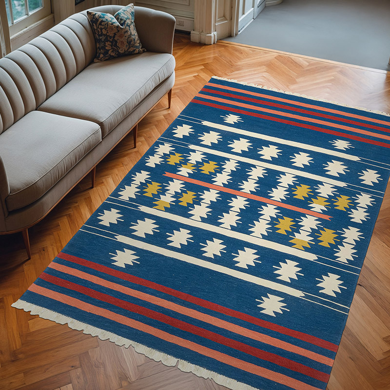Blue New Handwoven Turkish Kilim Rug - 6' 8" x 10' 2" (80" x 122") - K0080081