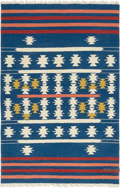 Blue New Handwoven Turkish Kilim Rug - 6' 8" x 10' 2" (80" x 122")