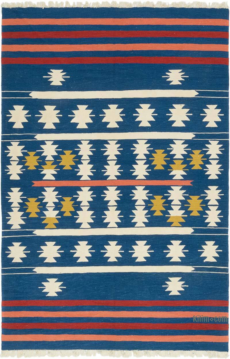 Blue New Handwoven Turkish Kilim Rug - 6' 8" x 10' 2" (80" x 122") - K0080081
